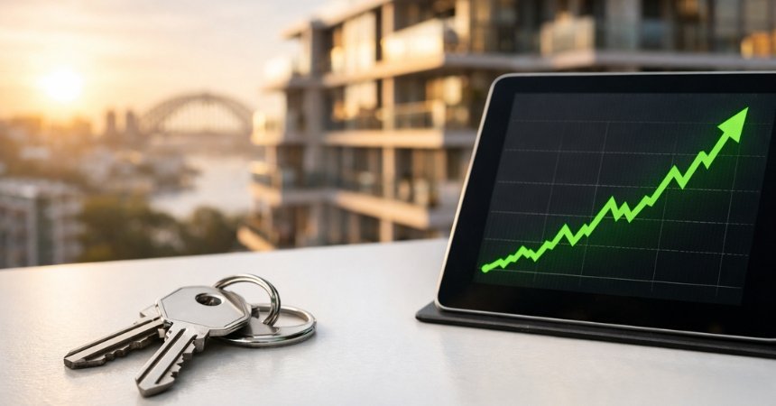Tablet showing rising investment graph beside property keys with Sydney skyline, representing cash flow positive property investment