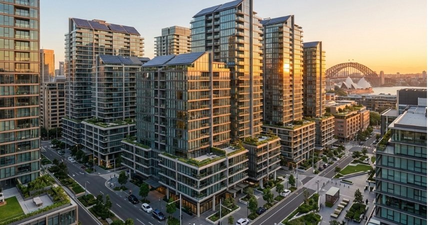 Modern commercial and residential high-rise buildings in Australia representing the next commercial play in Australia
