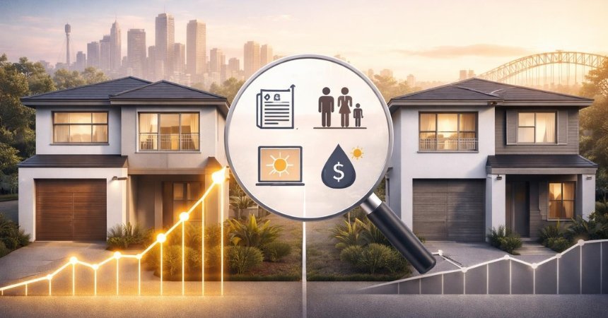Budget property selection with modern homes and financial analysis icons representing smart real estate decisions